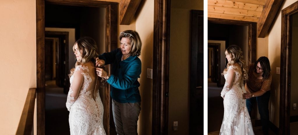 Colorado bride putting on her wedding dress before her Sapphire Point Overlook wedding