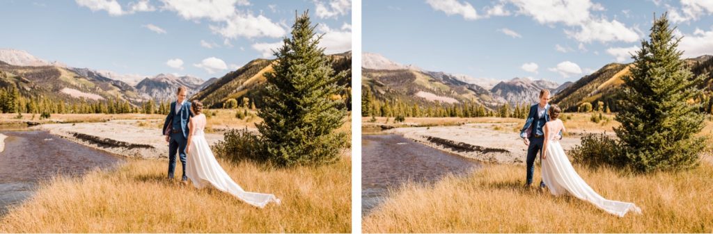 adventurous first look in the mountains of Telluride Colorado before a small Telluride wedding in Colorado