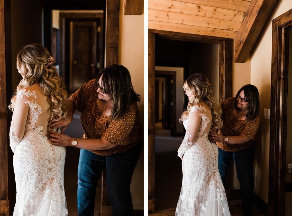 Colorado bride putting on her wedding dress before her Sapphire Point Overlook wedding