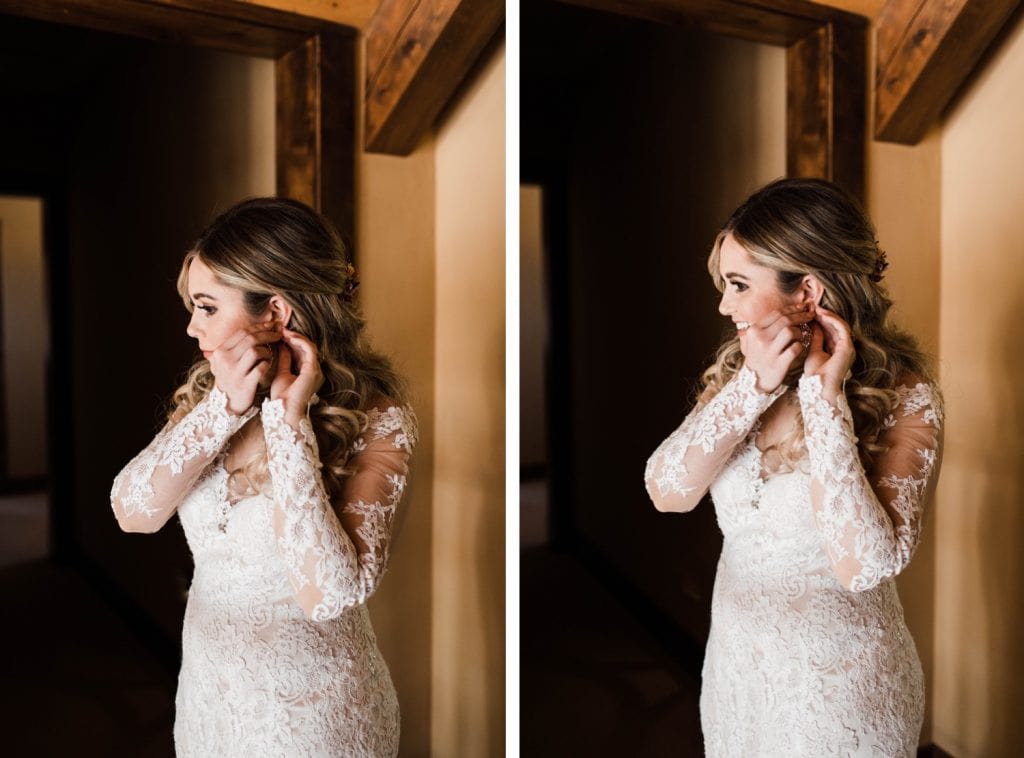 Colorado bride putting on her earrings before her Sapphire Point Overlook wedding