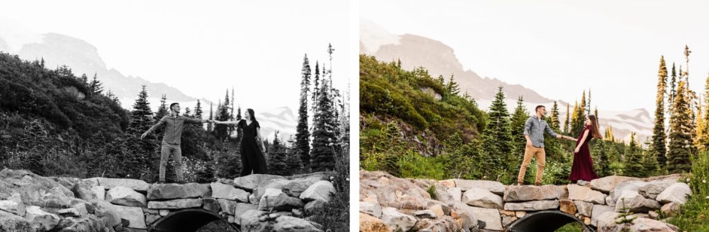 engaged couple running through the mountains during their engagement photos in Seattle WA