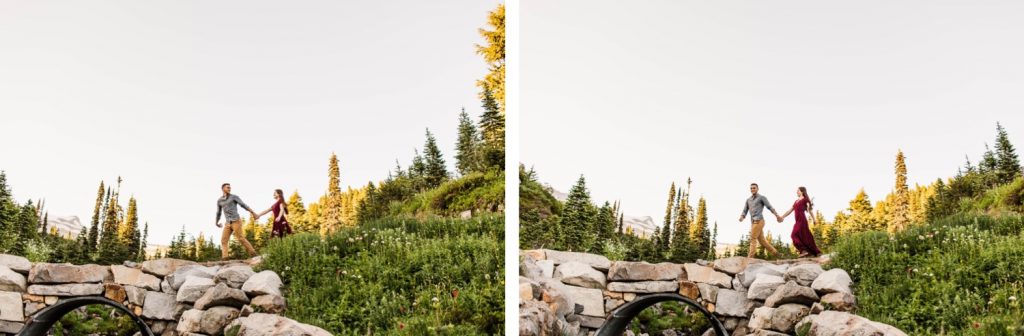 engaged couple running through the mountains during their engagement photos in Seattle WA