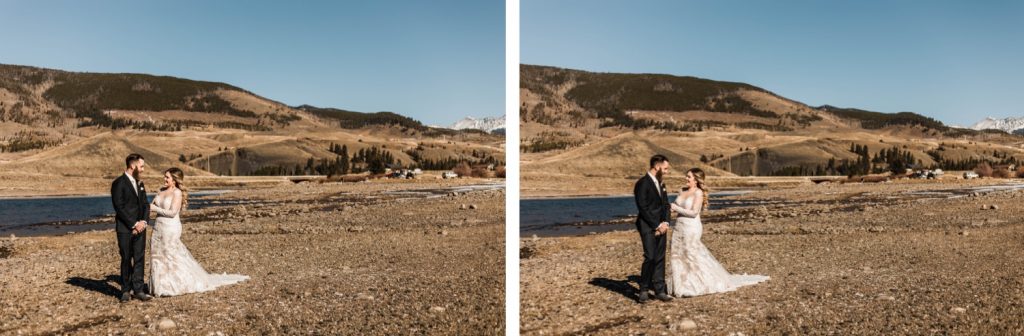 couple having their first look before their Sapphire Point Overlook wedding ceremony in Colorado