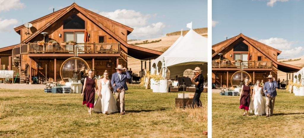 bride walking down the aisle during her small wedding in Telluride on a horse ranch on Wilson Mesa