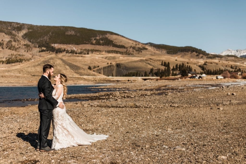 couple having their first look before their Sapphire Point Overlook wedding in Colorado
