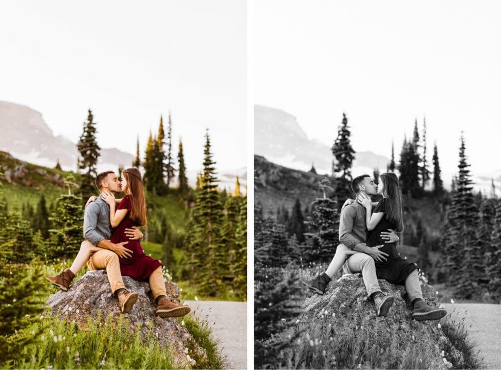 couple kissing on a rock in the middle of a wildflower field during their engagement photos in Seattle WA
