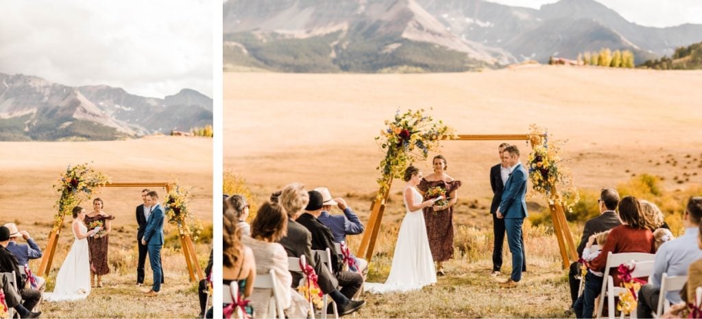 vow reading during a mountainous Telluride wedding ceremony at a horse ranch on Wilson Mesa