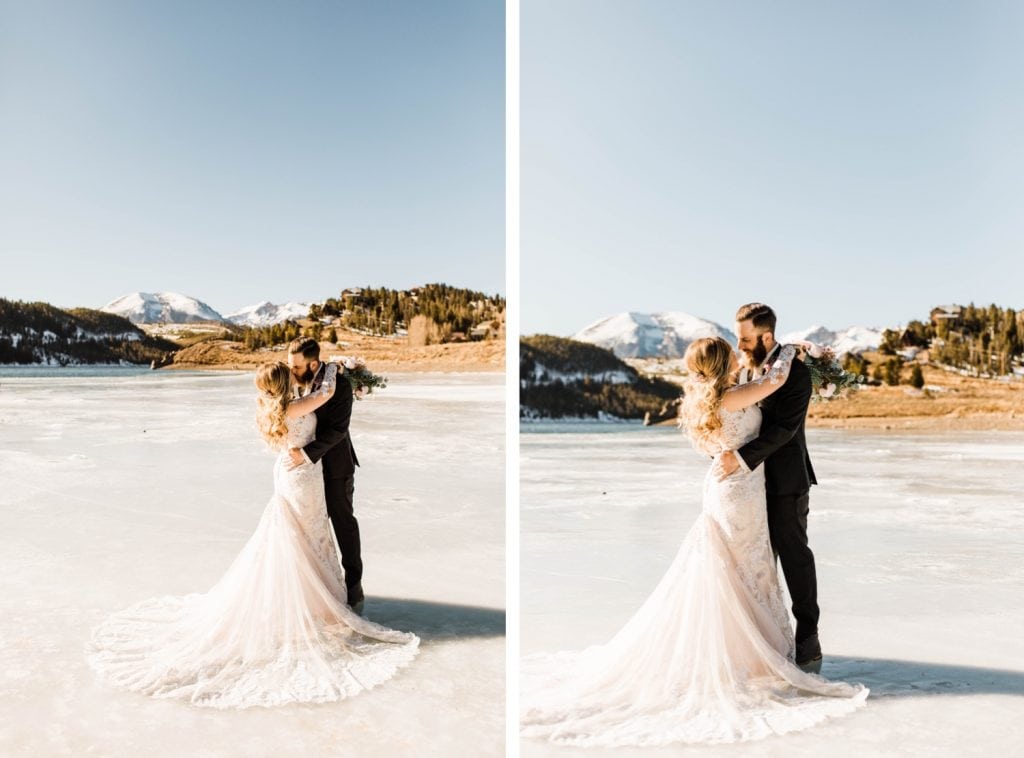 couple dancing on the ice of Dillon Reservoir before their Sapphire Point Overlook wedding ceremony