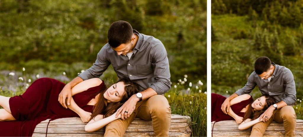 engaged couple sitting on a bench in the mountains together during their Washington engagement photos in Seattle