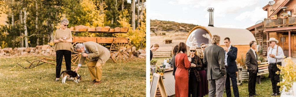 cocktail hour photos at a private horse ranch in the mountains during an adventurous Telluride wedding