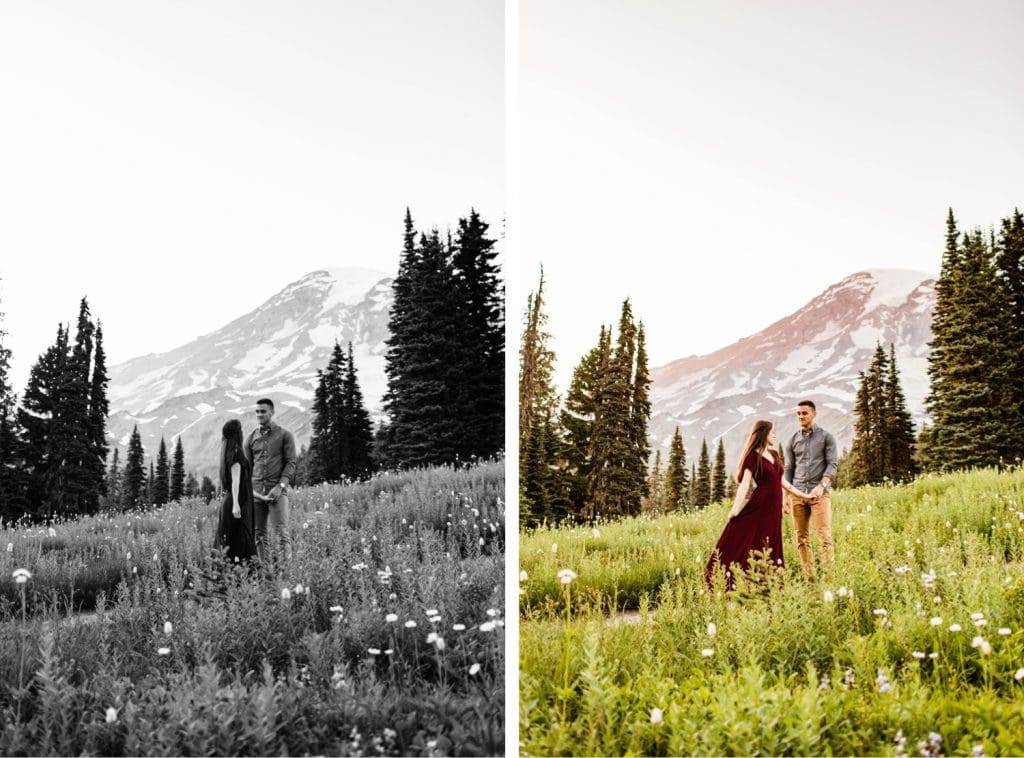 couple dancing together in an alpine meadow during their engagement photos in Seattle WA