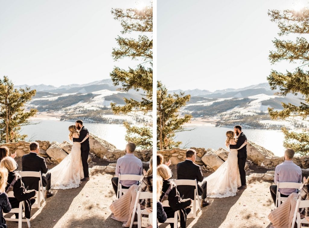 Colorado couple's first kiss during their Sapphire Point wedding ceremony