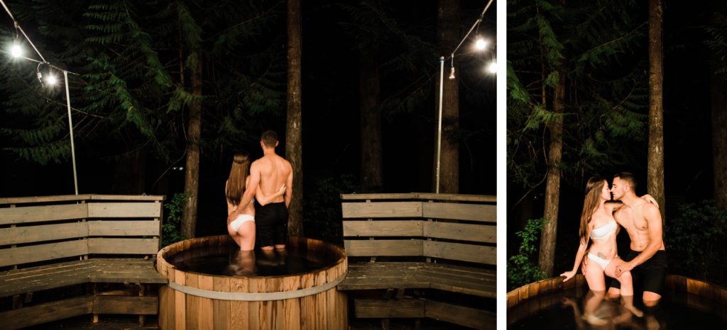engagement photos in Seattle WA of a couple in their a-frame cabin hot tub at night