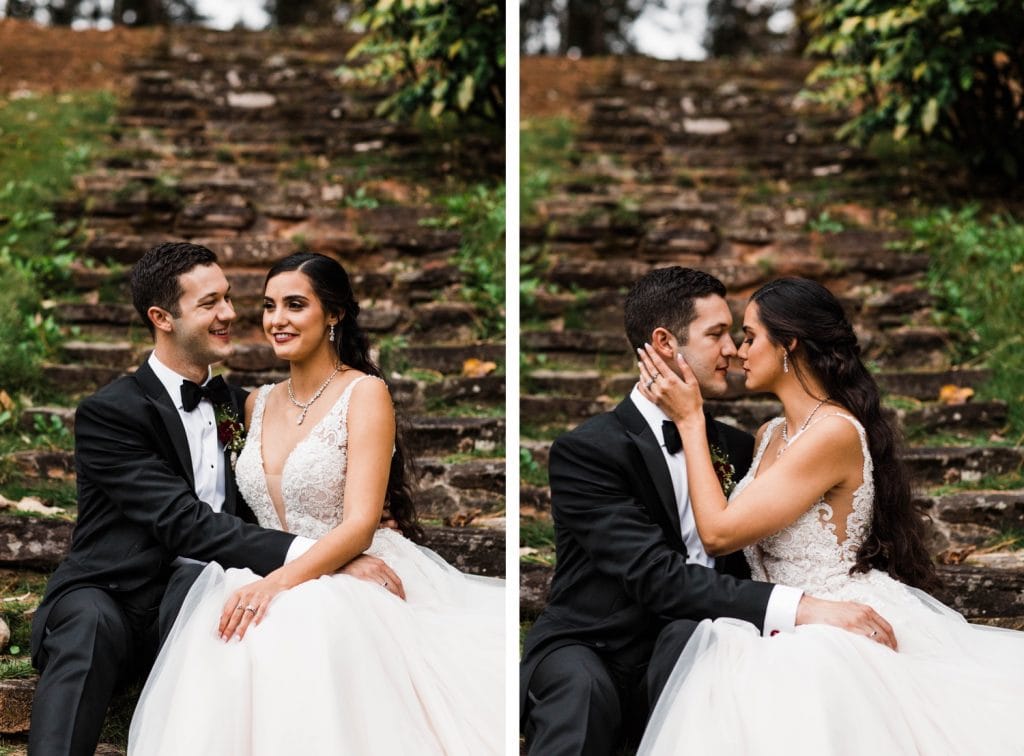 newly married couple kissing during their Dunaway Gardens wedding pictures