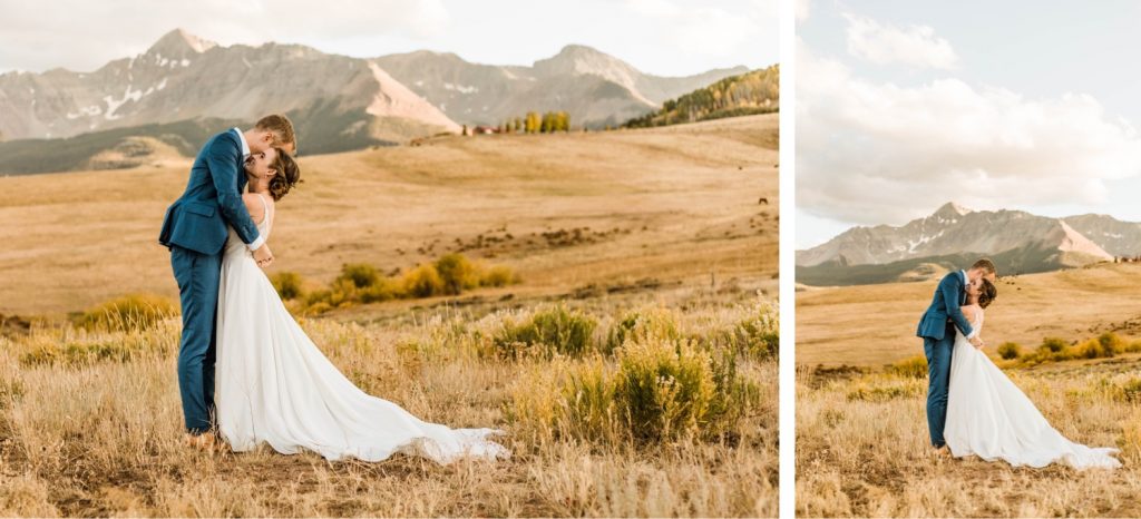 adventurous mountain wedding photos of a newly married couple at sunset during their Telluride wedding | photo taken by Telluride wedding photographers
