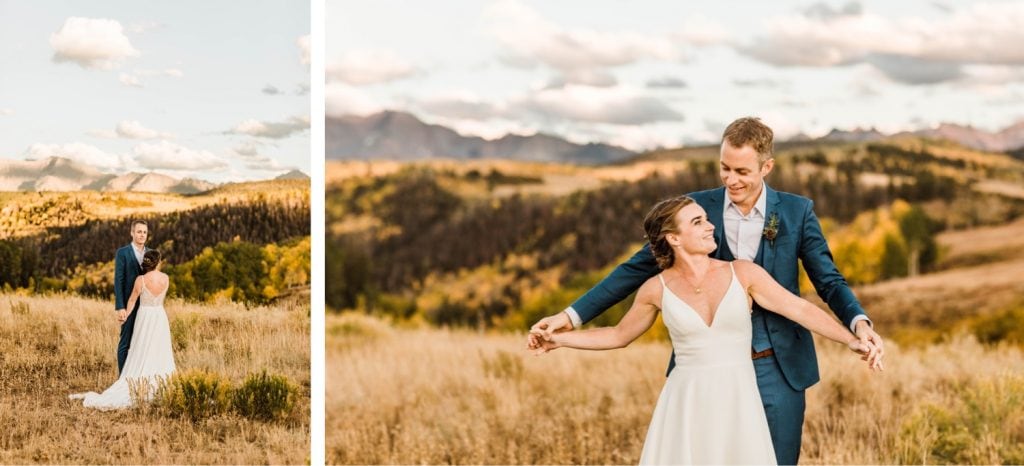 adventurous mountain wedding photos of a newly married couple at sunset during their Telluride wedding | photo taken by Telluride wedding photographers