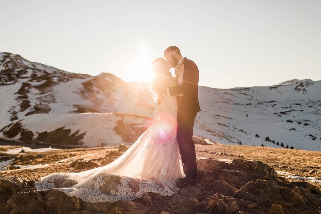 sunset photos of a newly married couple after their Sapphire Point Overlook wedding ceremony in Colorado