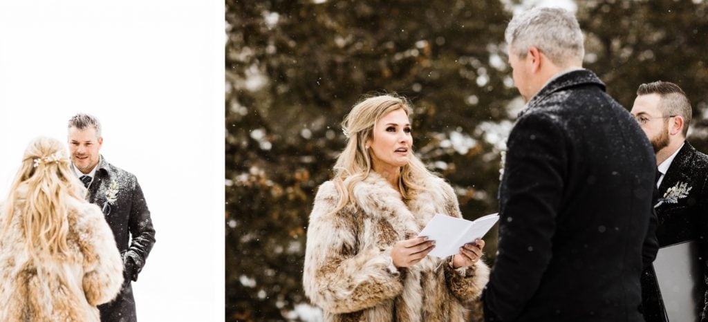 eloping couple reading their vows to each other during their winter Sapphire Point elopement ceremony