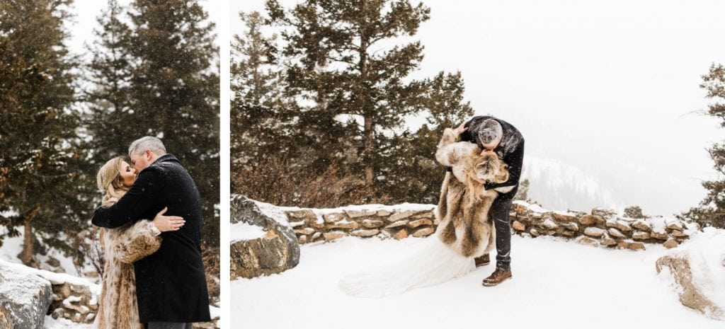 eloping couple sharing their first kiss during their winter Sapphire Point elopement ceremony