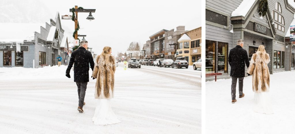 eloping couple picking up champagne in downtown Frisco Colorado after their snowy winter Sapphire Point elopement