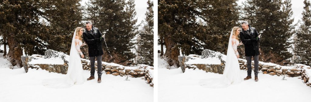 eloping couple popping champagne for their snowy winter Sapphire Point elopement