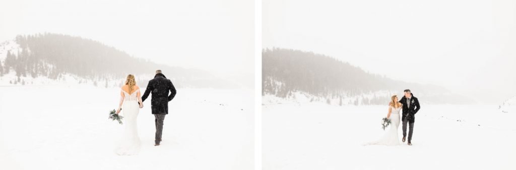couple walking together in the snowy mountains after they eloped at Sapphire Point Overlook
