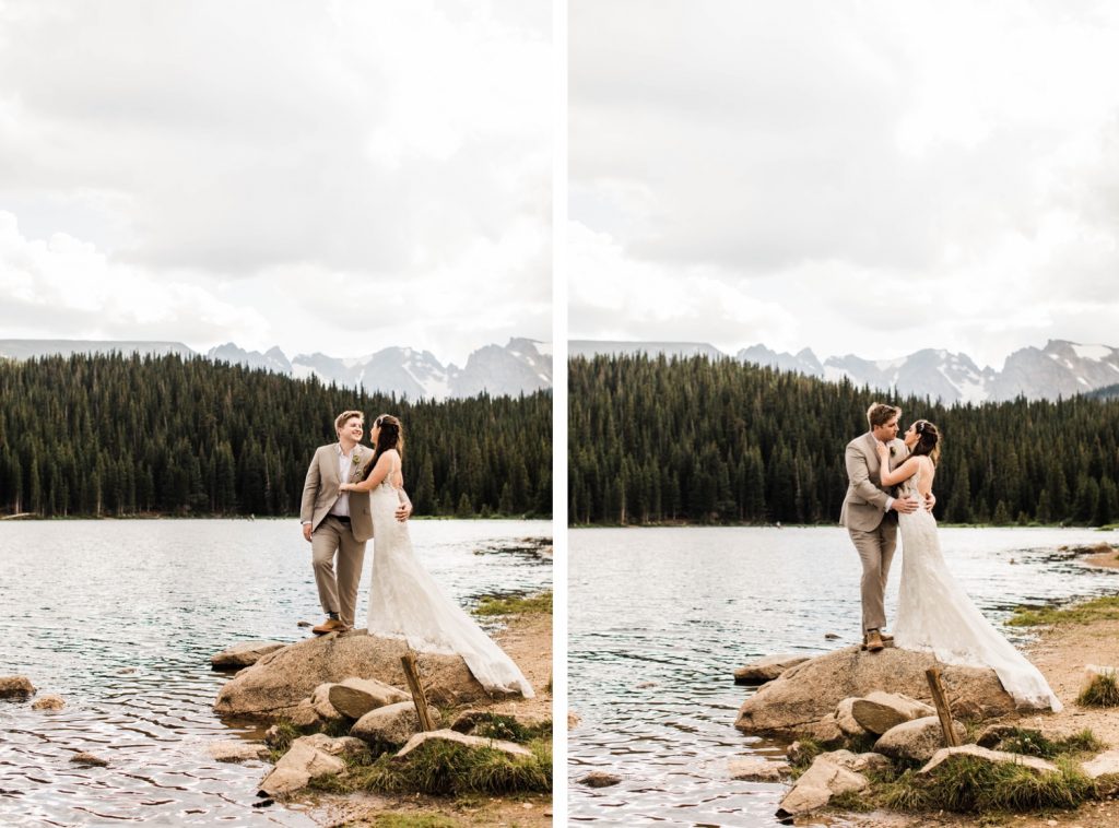 mountain wedding in Colorado Rocky Mountains by an alpine lake after a storm rolled in