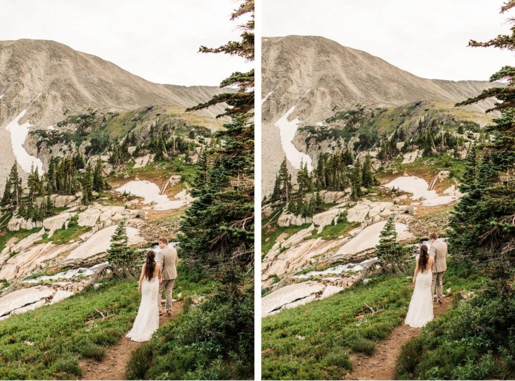 hiking wedding photos taken by Colorado mountain wedding photographers
