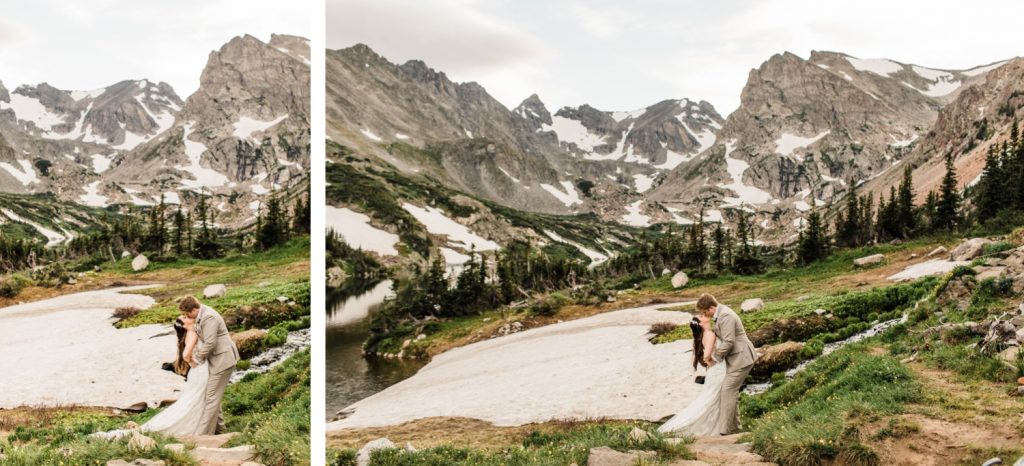 Colorado mountain wedding photos taken by a glacier near an alpine lake