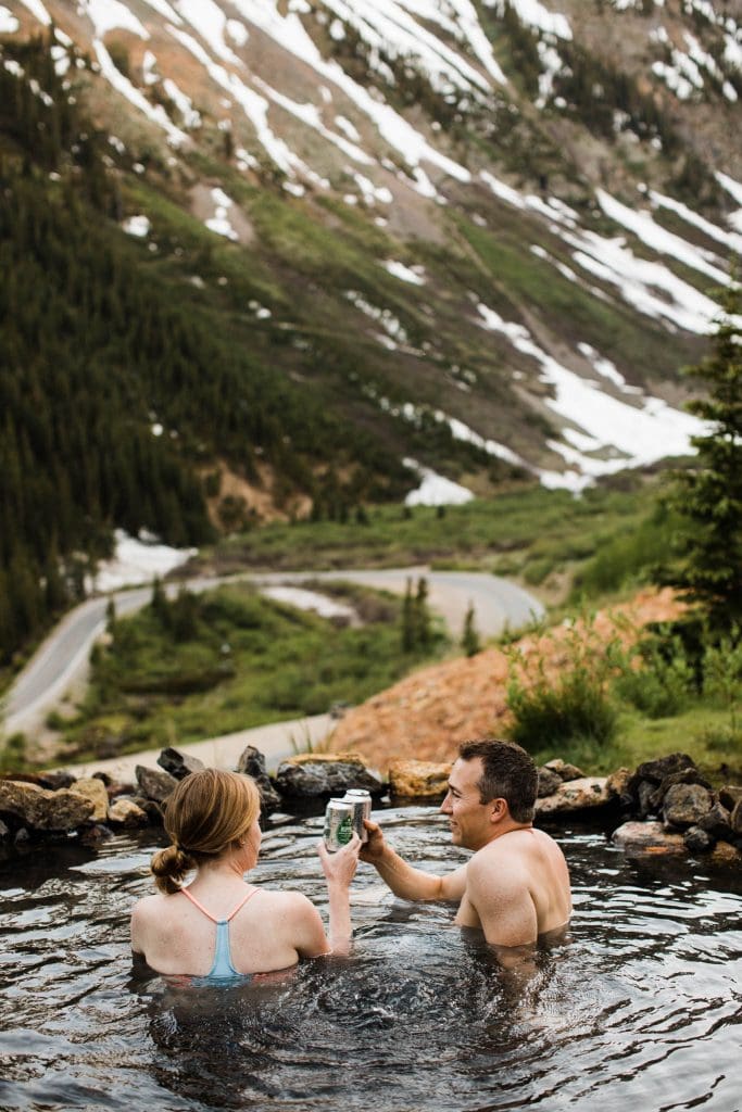 Colorado engagement photos taken at a secret hot spring in the mountains