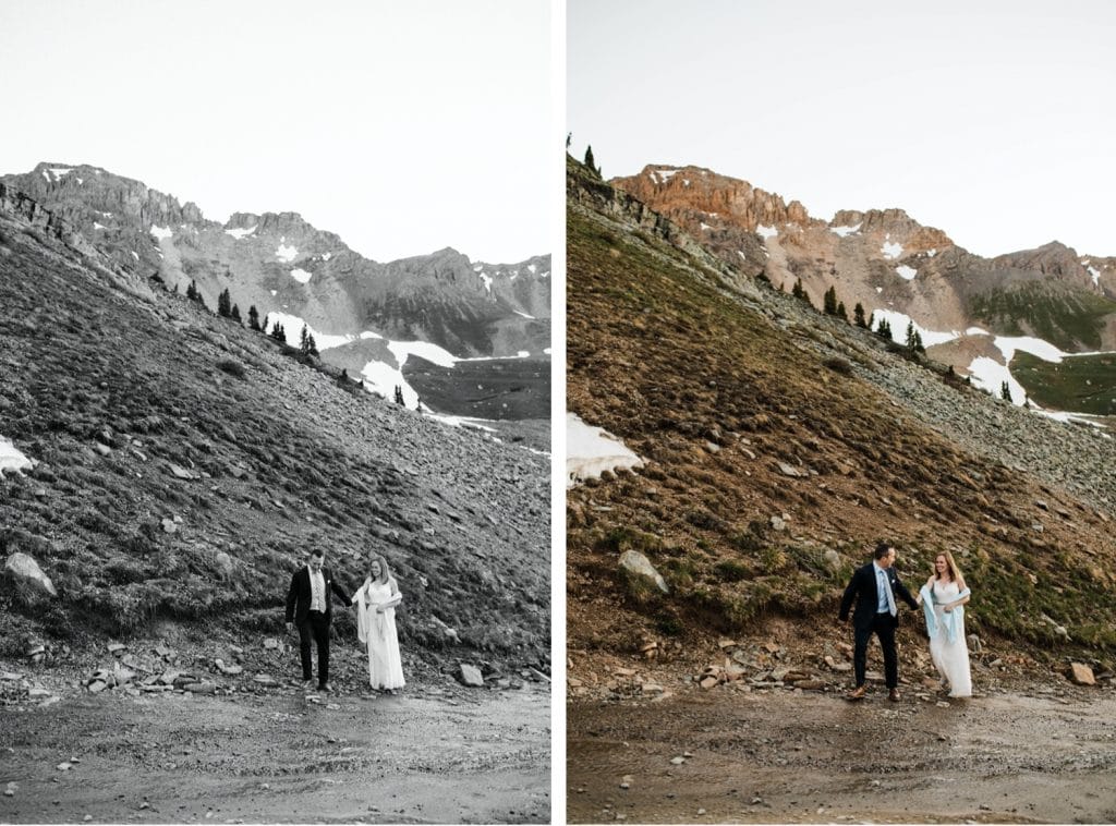 photo of a couple hiking through the mountains, taken by a Telluride elopement photographer