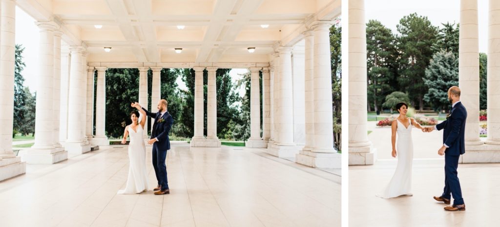 couple dancing together before their small Denver Botanic Gardens wedding at Woodland Mosaic greenhouse