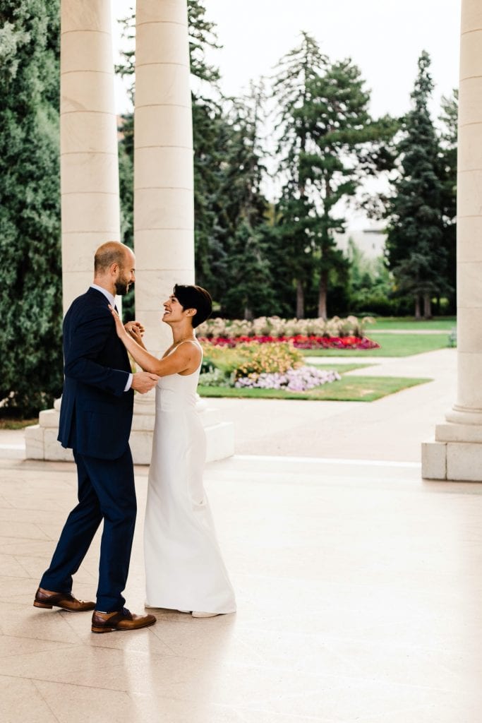 sunrise couples photos at Cheesman Park Pavilion before a small wedding at Denver Botanic Gardens