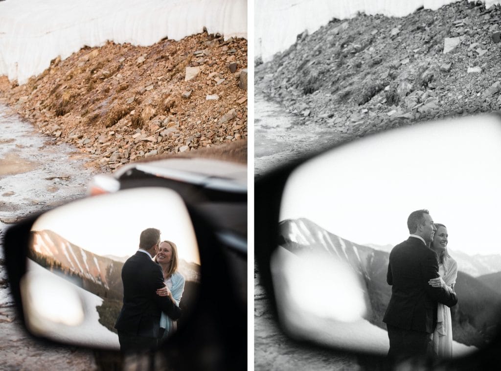 reflection of eloping couple in a car mirror taken by a Telluride elopement photographer