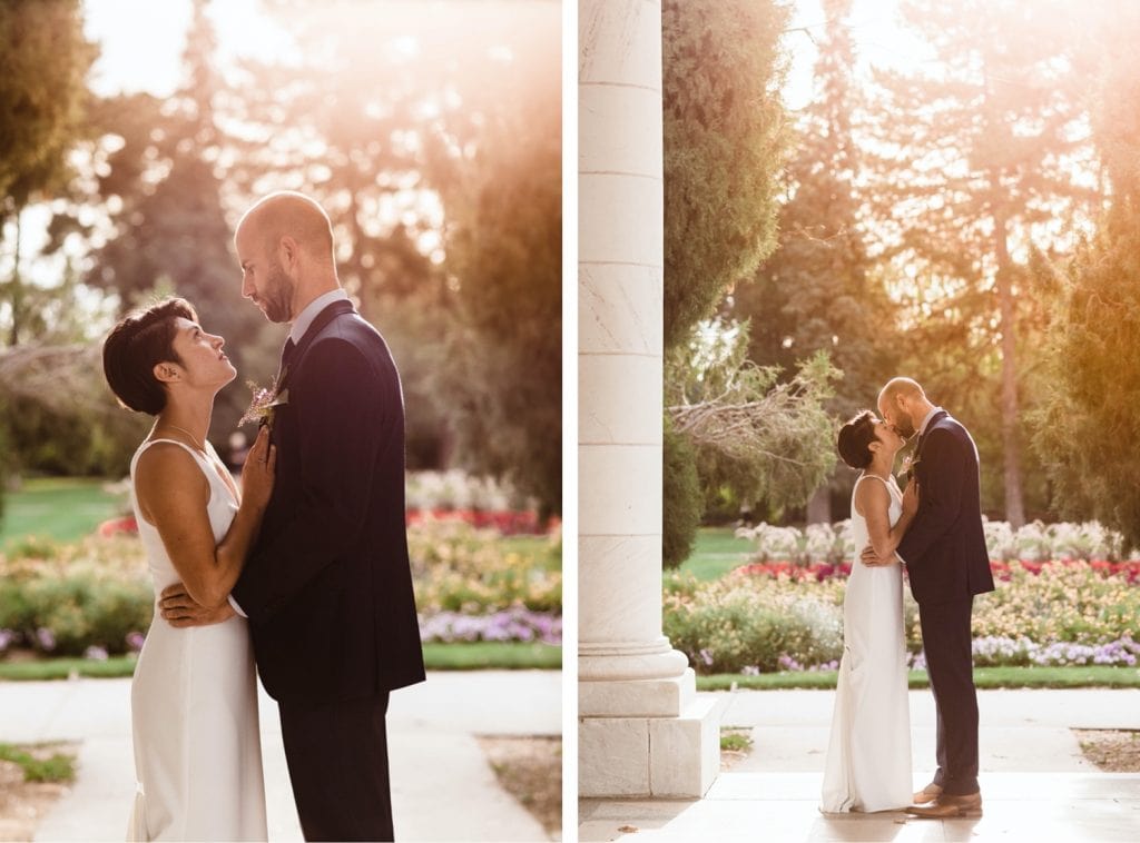 wedding photos at sunrise at Cheesman Pavilion before a wedding ceremony at Denver Botanic Gardens