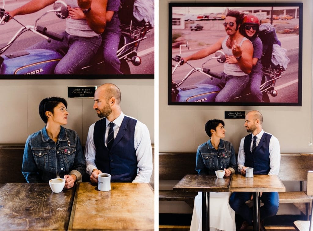 couple hanging out at a coffee shop before their wedding at Denver Botanic Gardens