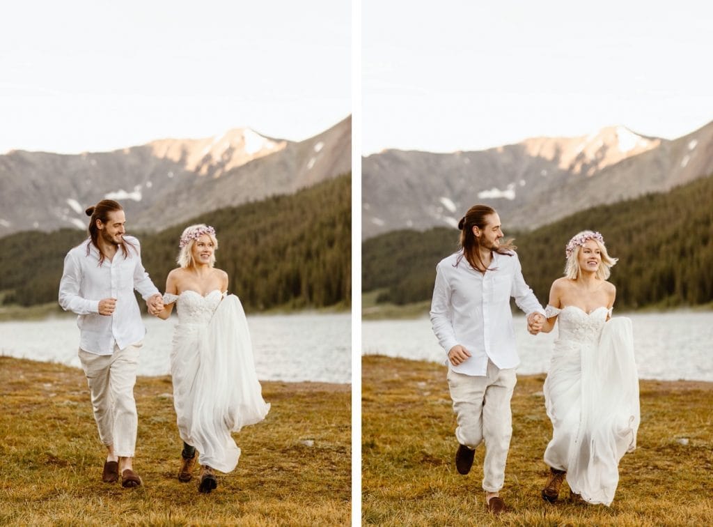 lake wedding photos of a couple in the summertime in Colorado