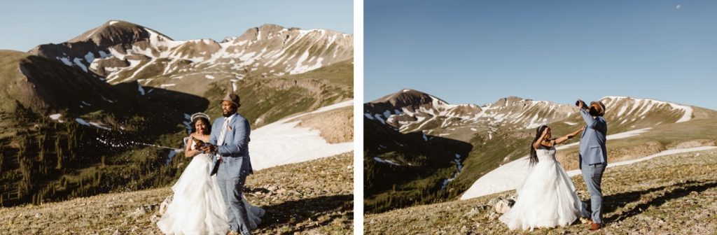 couple drinking champagne after their Aspen Colorado elopement to celebrate