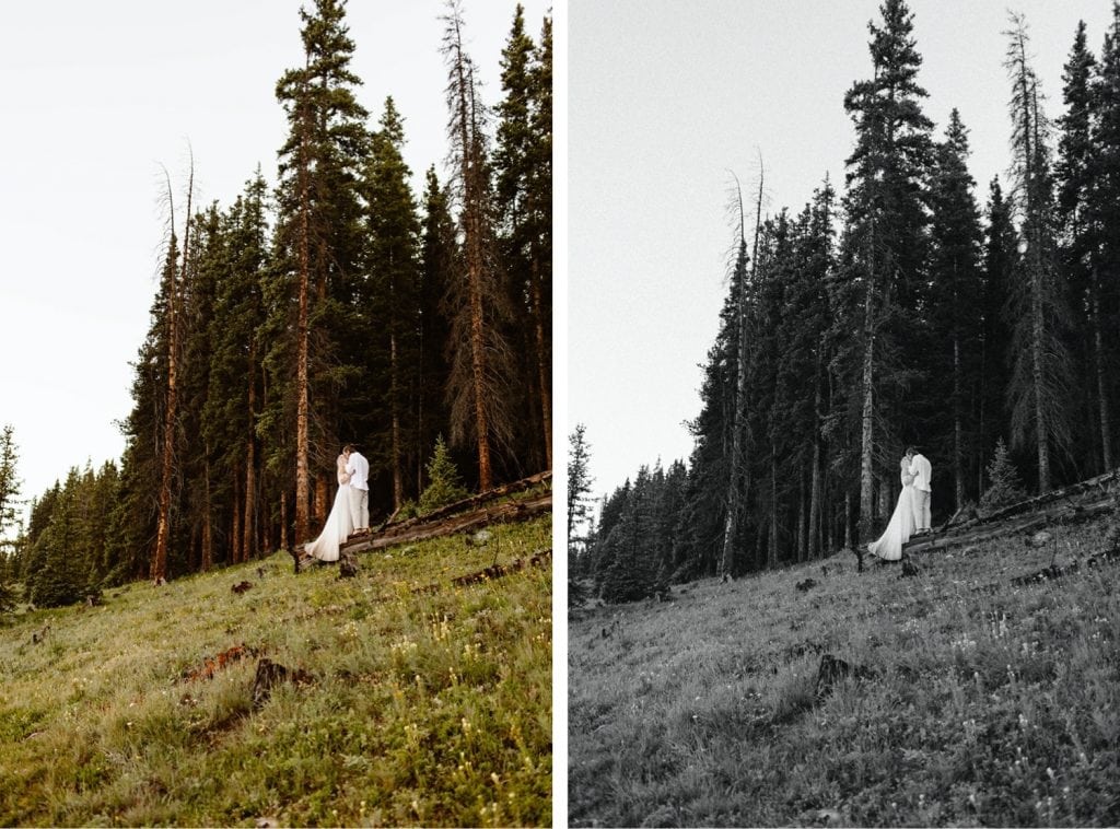 eloping couple in the woods after their small lake wedding in Colorado