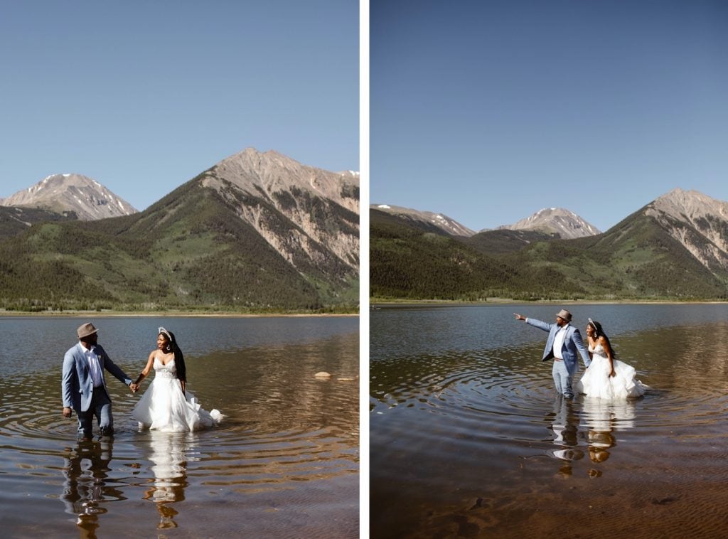 couple getting into a lake in their wedding attire after they eloped in Aspen Colorado