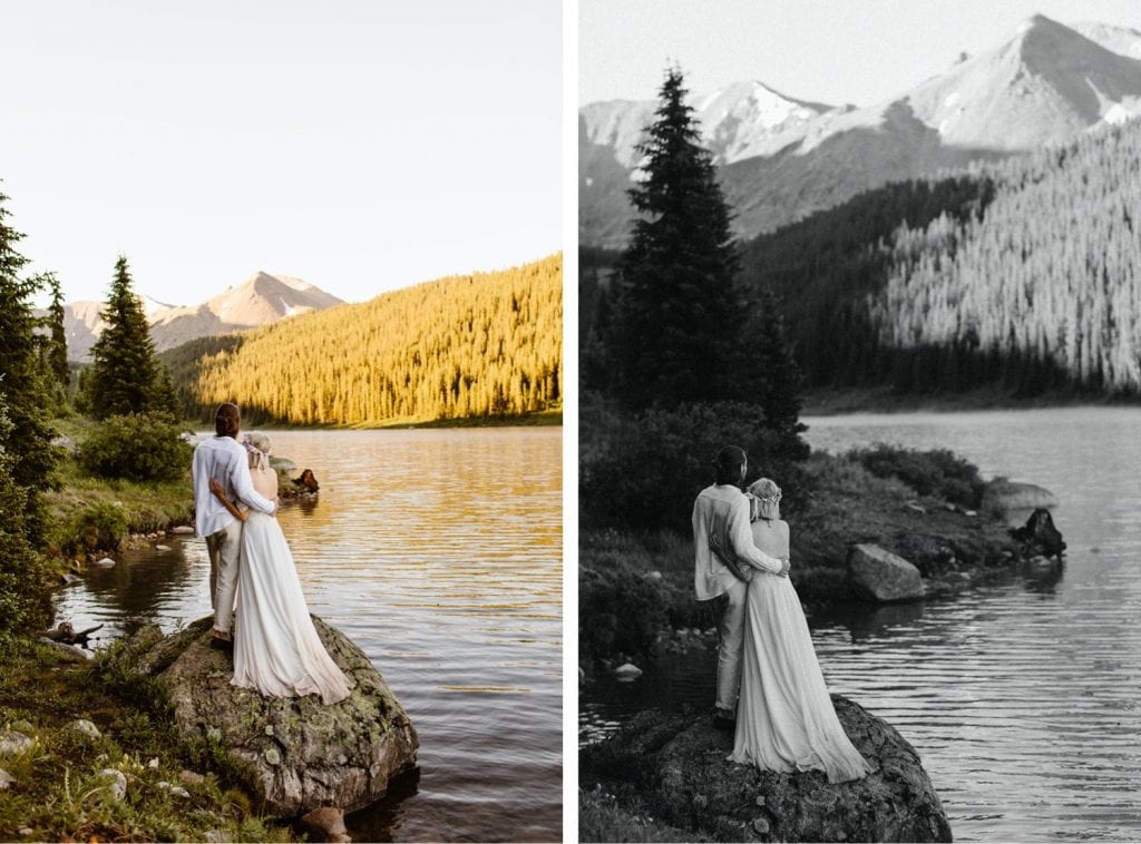 couple gazing out at the water during their lake wedding in Colorado