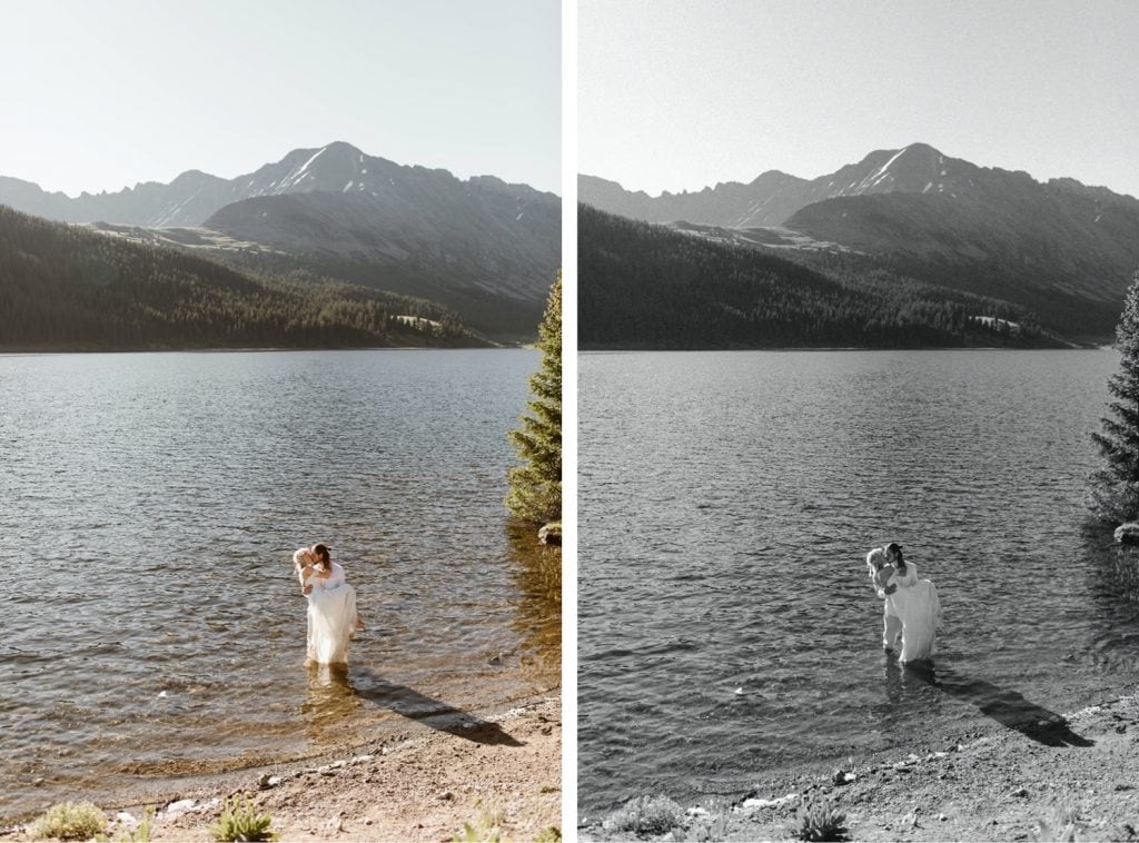 couple wading into the water after their lake wedding ceremony