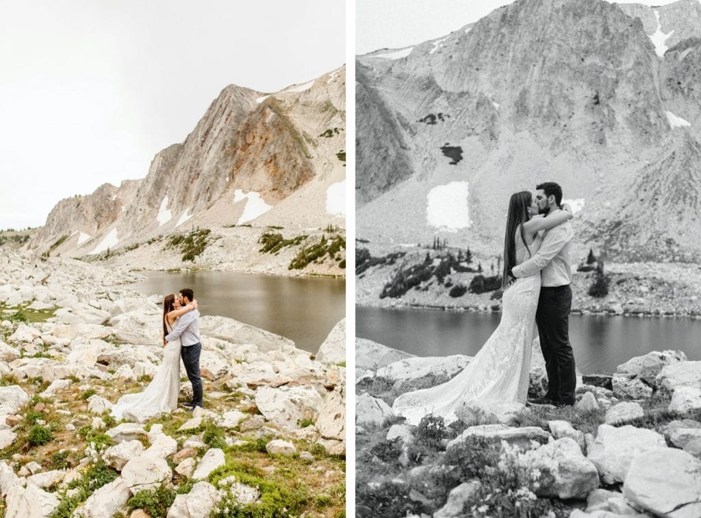 bride and groom kissing during their Snowy Range Wyoming elopement ceremony
