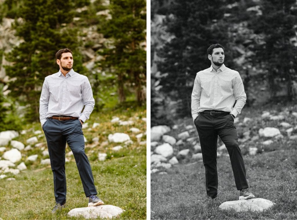 photos of groom before his Wyoming elopement in the Snowy Range Mountains of Wyoming