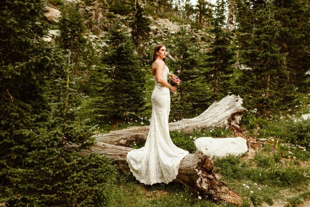 photos of bride after her Wyoming elopement in the Snowy Range Mountains of Wyoming