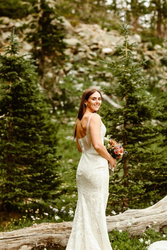 photos of bride after her Wyoming elopement in the Snowy Range Mountains of Wyoming