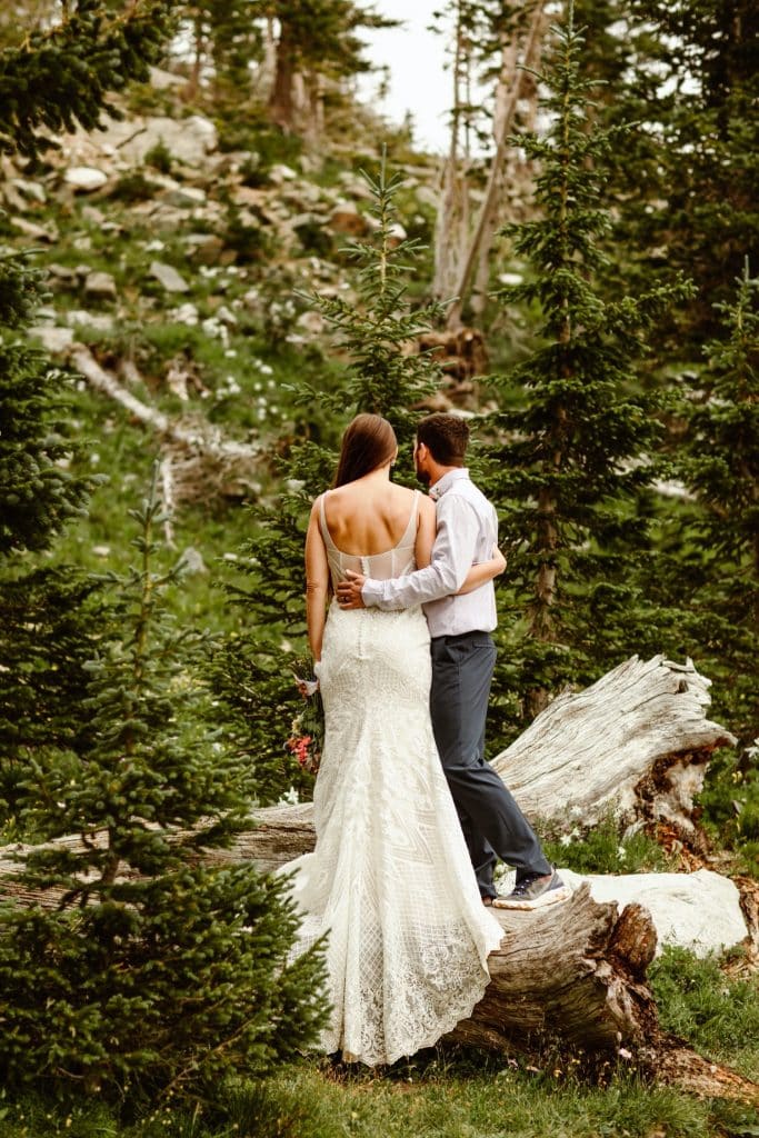 bride and groom standing together on a log in the woods of the Snowy Range Mountains after their Wyoming elopement