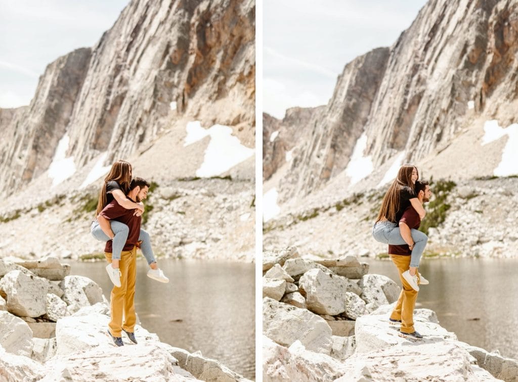 piggy back ride during mountain engagement photos in Wyoming