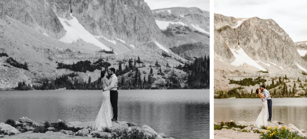 eloping couple kissing by a lake in the Snowy Range Mountains of Wyoming