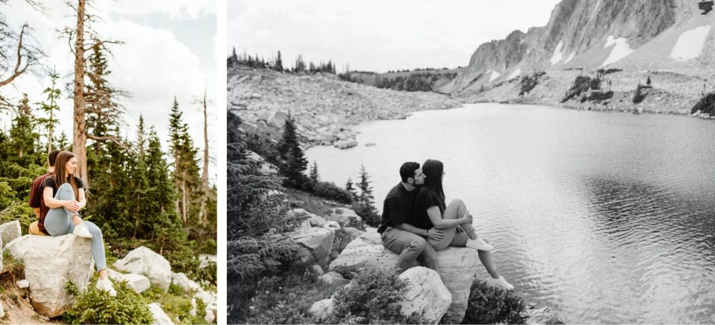 mountain engagement photos of a couple sitting by an alpine lake in Wyoming